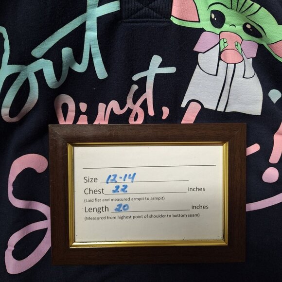 Yoda Grogu But First Snacks Crew Neck Sweatshirt Girls 12 14 Dark Blue Star Wars - Picture 6 of 7